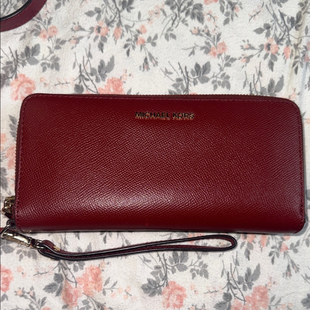 Michael Kors Deep Red Leather Continental Zip Wristlet